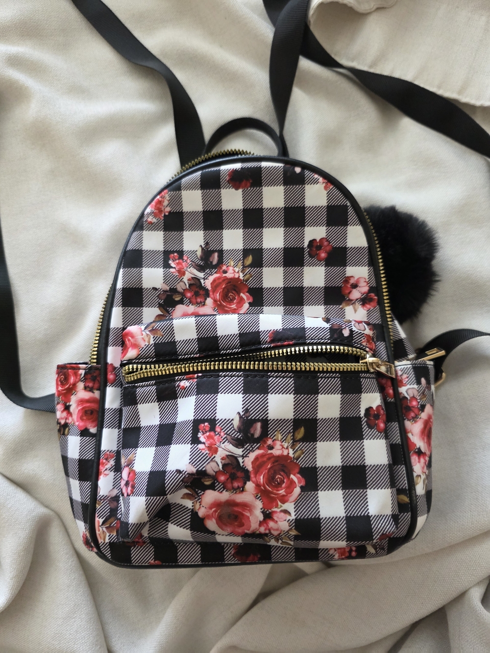 Like Dreams Floral Gingham Mini Backpack – Black & Red Checkered Roses